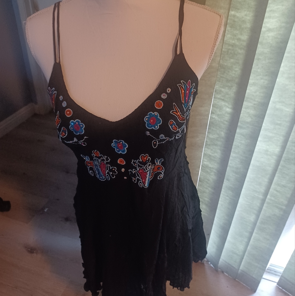 Kisca by Komarov black crinkle embroidery spaghetti strap top 2.